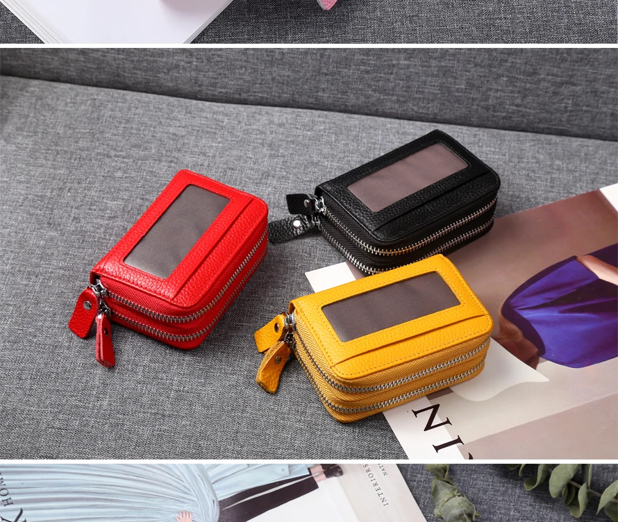 Fashion Brand Genuine Leather Women Card Holder Double Zipper Large Capacity Female ID Credit Card Case Bag Wallet