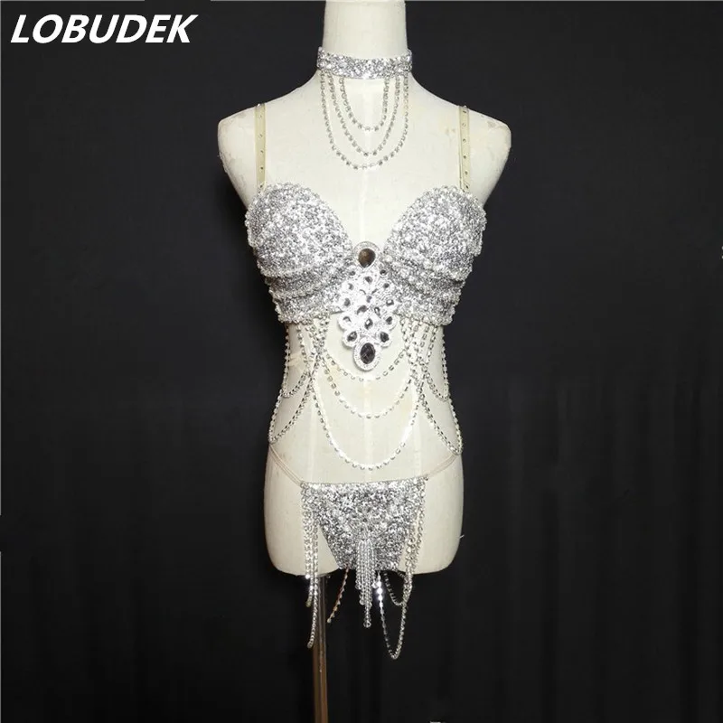 Silver Rhinestones Bikini Crystals Bra Set Nightclub DJ Female Singer Pole Dancing Costume Party Models Catwalk DS Dance Outfit |