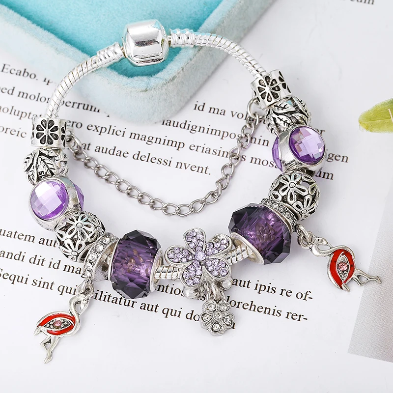 BAOPON Original Purple Flower& Crane Pendant Charm Bracelets for Women High Quality Fine Bracelets Best Couple Jewelry Gift