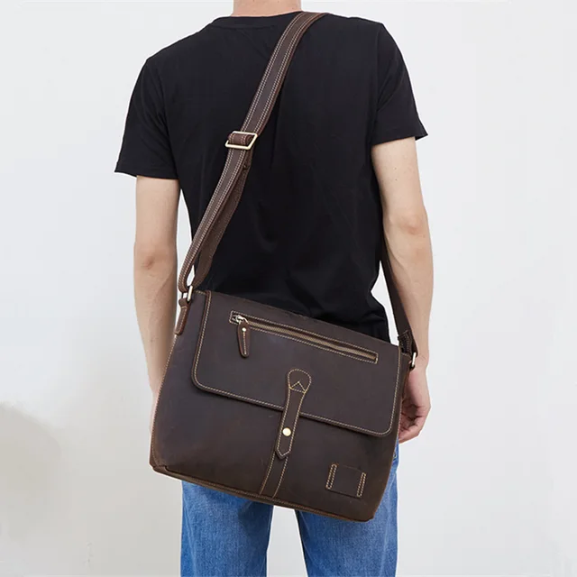 Nesitu High Quality A4 Vintage Brown Thick Durable Crazy Horse Leather Men Messenger Bag Genuine Male Shoulder M6352 In Crossbody Bags