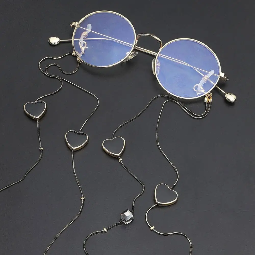 

Punk Sunglasses Lanyard Strap Necklace Eyeglass Black Crystal Heart Double Layer Chain Cord Glasses Chain