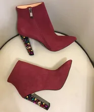 High quality women's suede leather pointed toe ankle boots 2018 Autumn diamonds heels short boots Chic high heels boots BY531 цена High quality women's suede leather pointed toe ankle boots 2018 Autumn diamonds heels short boots Chic high heels boots BY531 цены онлайн