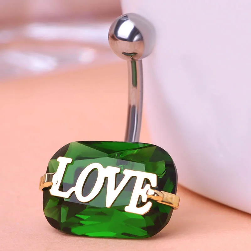 Blucome Love You Green Rhinestone Piercing Belly Button Ring Barbell Piercing Ring Body Piercing Jewelry For