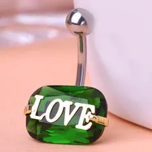 Madrry Love You Green Rhinestone Piercing Belly Button Ring Barbell Piercing Ring Body Piercing Jewelry For