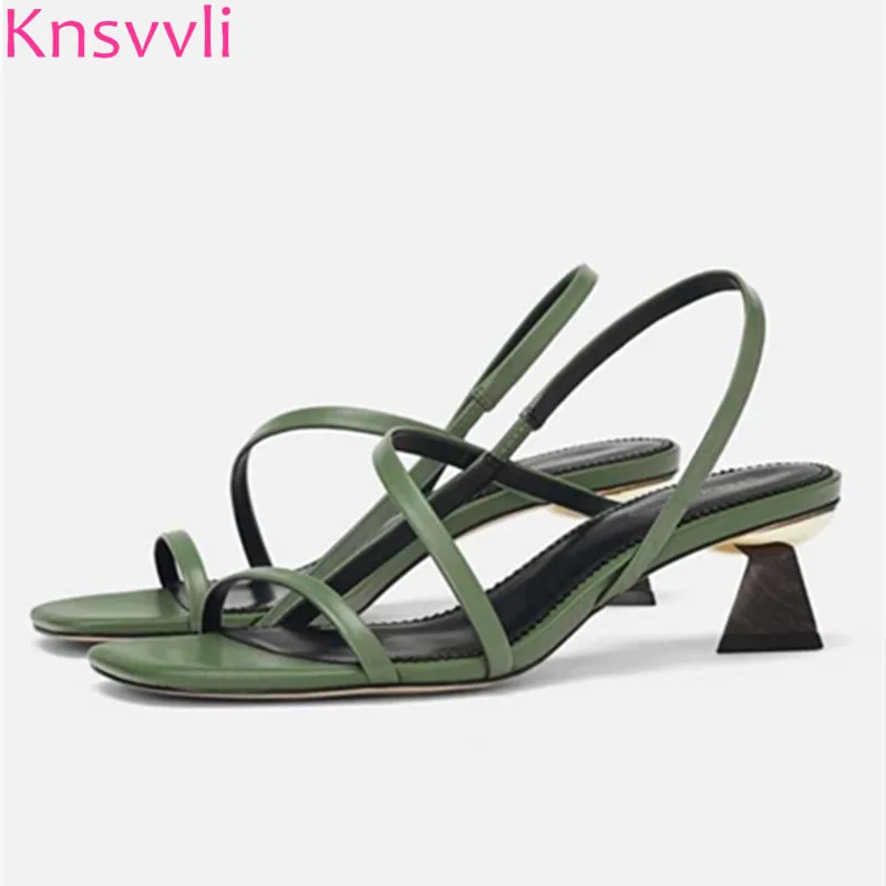 Knsvvli/Новинка года, летние босоножки на высоком каблуке в необычном стиле, женские босоножки зеленого цвета с узкими ремешками и открытым носком, женские римские сандалии