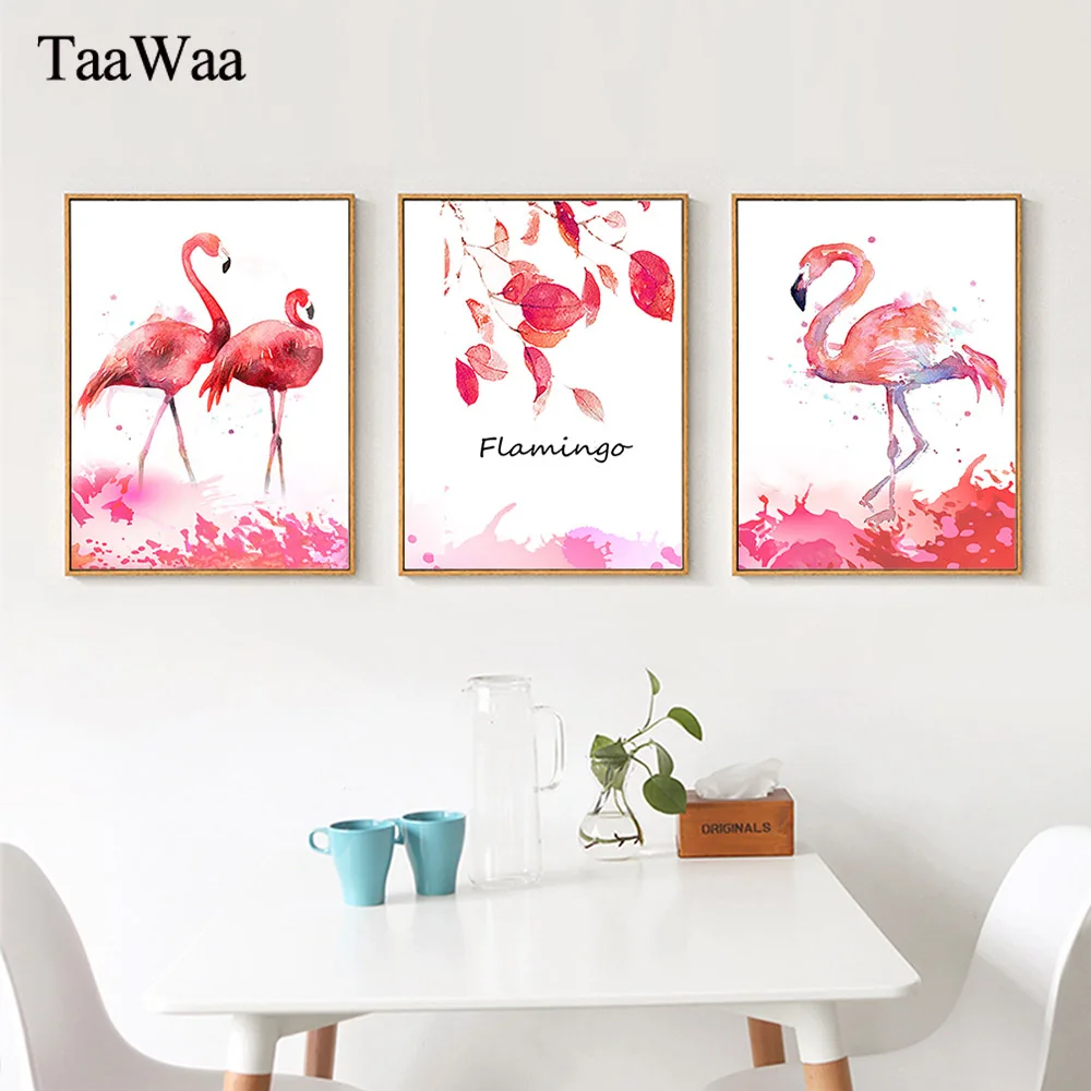 

TAAWAA Pink Flamingo Leaves Canvas Poster Print Nordic Style Painting Wall Art Decorative Picture for Modern Home Room Decor