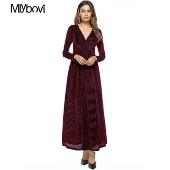 

Women Velvet Dress Red/Deep Purple/Rose Red V Neck Sexy Women Autumn Dress Long Sleeve Ankle-Length Elegant A Line Dress 2018