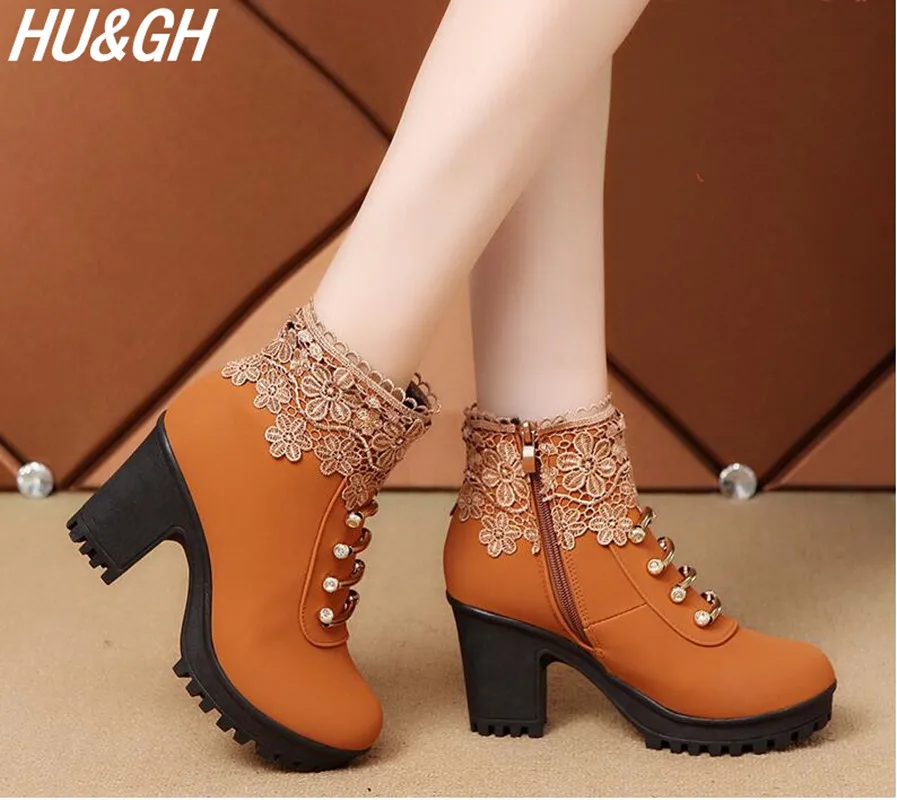 New Autumn & Winter Women's Lace Flower Boots Fashion crystal thick