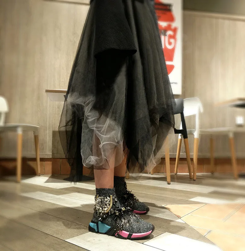 Носки с кристаллами, черные женские кроссовки со стразами, повседневная обувь, кроссовки с кристаллами, женские вязаные высокие ботильоны