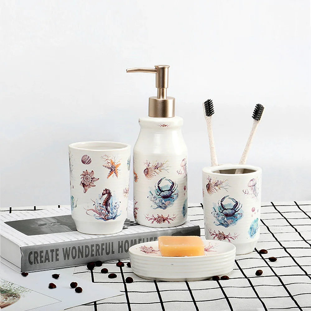 4pcs simple stylish Ceramic Bathroom Accessory with Soap Dish Toothbrush Holder Brushing Cup Soap Dispenser bathroom wash set #4