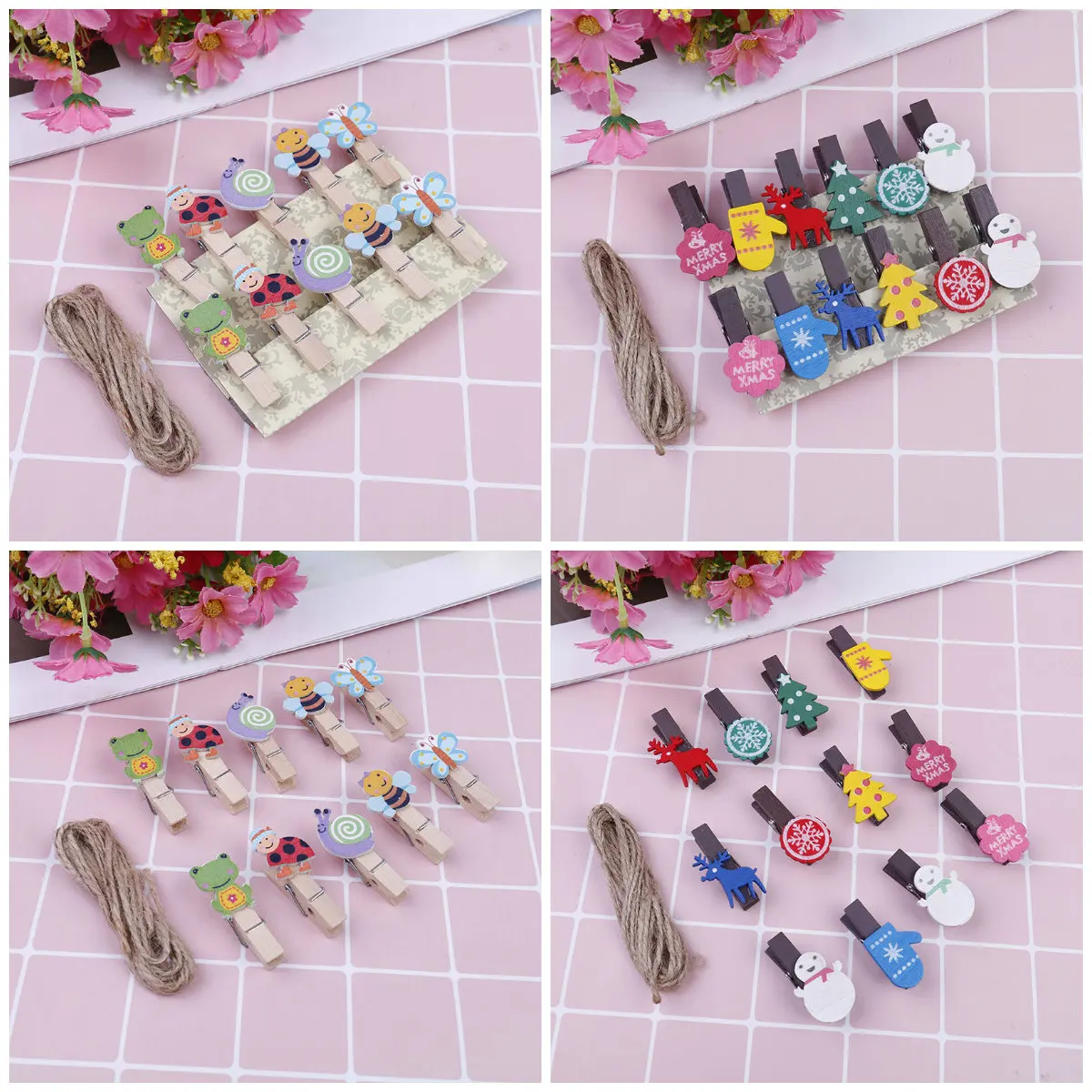 

Cartoon Animal/Christmas Wooden Clip with Hemp Rope Photo Paper Clothespin Craft Clips Party Decor Cartoon Insect Photo Clip