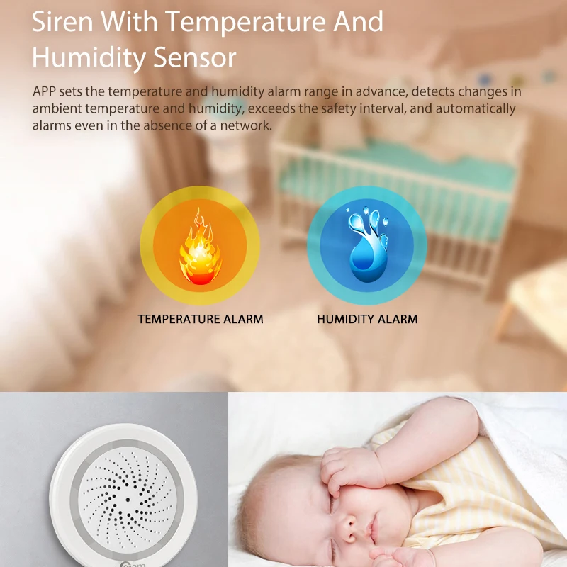  Sensor de alarma de sirena WiFi inteligente NAS-AB02WT Sensor de temperatura y humedad de alimentac