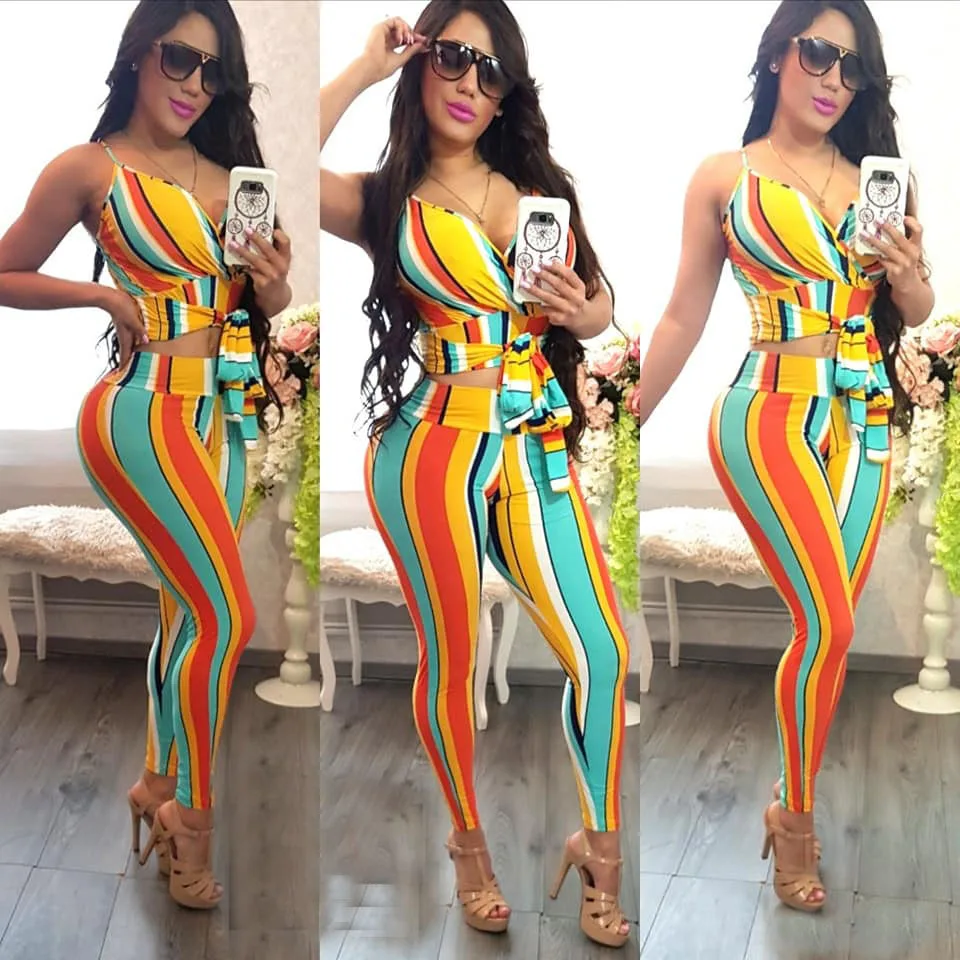 

2019 African womenswear summer women's pinstripe pinstripe v-neck necktie bottom tights suit 2pcs suit sexy beach resort sport s