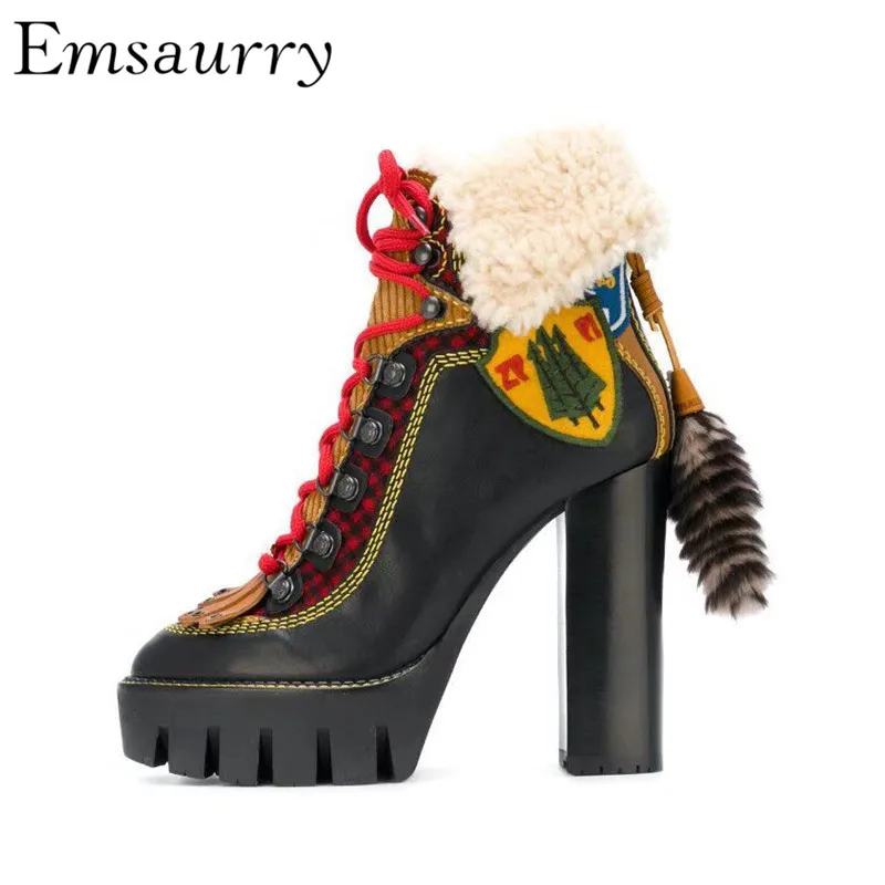 

Super Chunky Heel Knight Boots Geniune Leather Plaid Shearling Cross-tied Platform Winter Ankle Boots Women