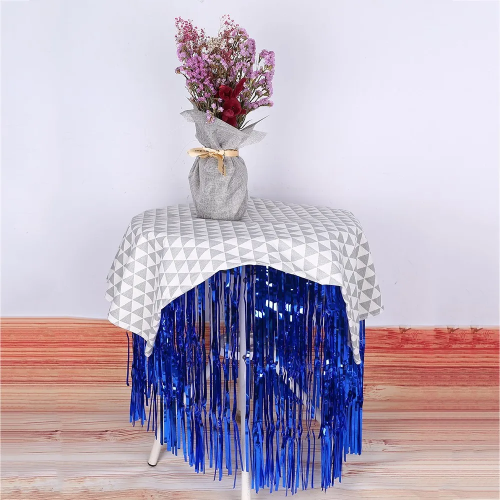

1pc Metallic Fringe Foil Tinsel Table Skirt for Summer Cactus Jungle Party Birthday Anniversary Table Decoration