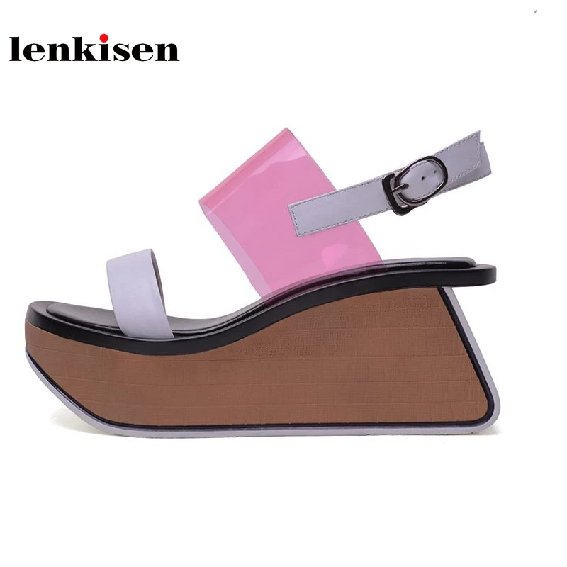 

Lenkisen new genuin leather platform buckle straps bling special women sandals peep toe super high heels solid wedges shoes L05