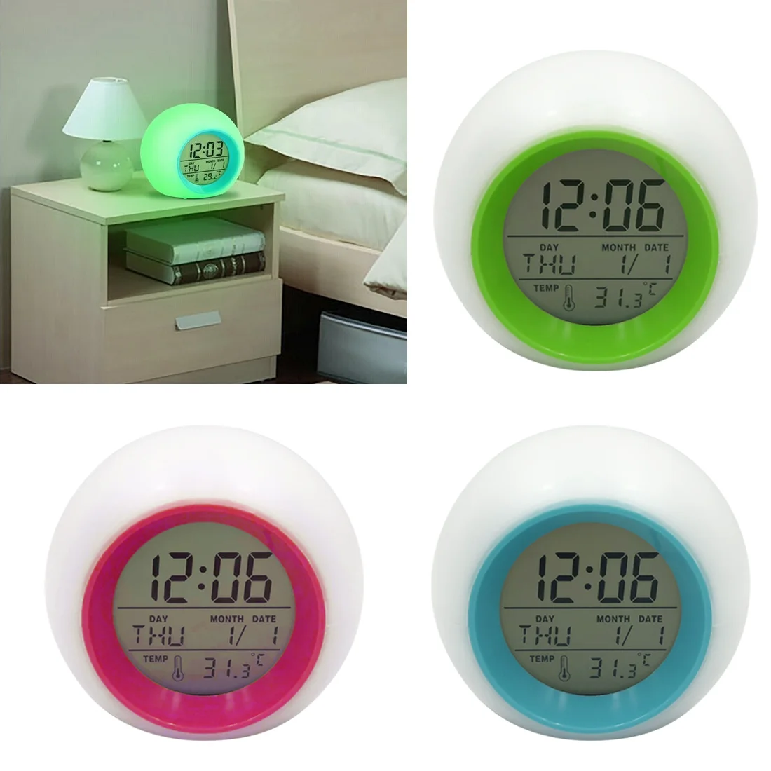 Creative Round LCD Clock 7 Colors LED Changing Digital ...