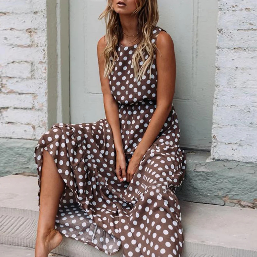 

Women Dot Print Seleeveless Long Dress Strapless Bohemian O Neck Party Ladies Summer Dress Sukienka Damska Boho Dress Fashion