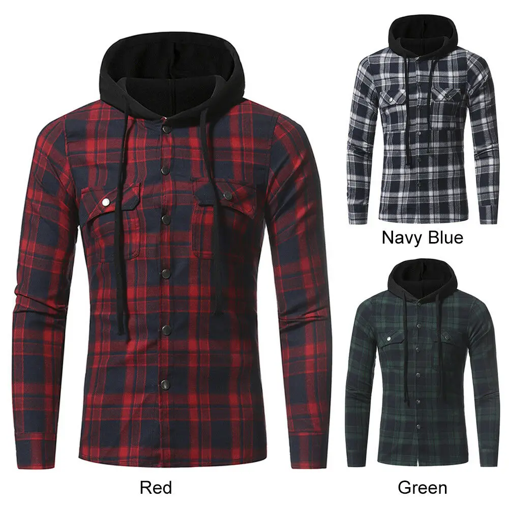 Brand New Style Plus Size Men Casual Long Sleeve Plaid Hooded Checked Pullover Shirt Tops Blouse