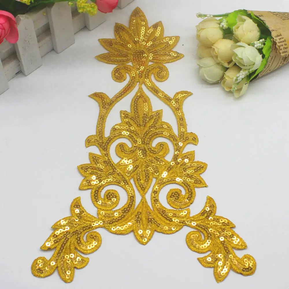

Sequined Flower Appliqued 5 Pieces Iron on Patches Gold Silver Flower Headwear Floral Aplique 15*25cm