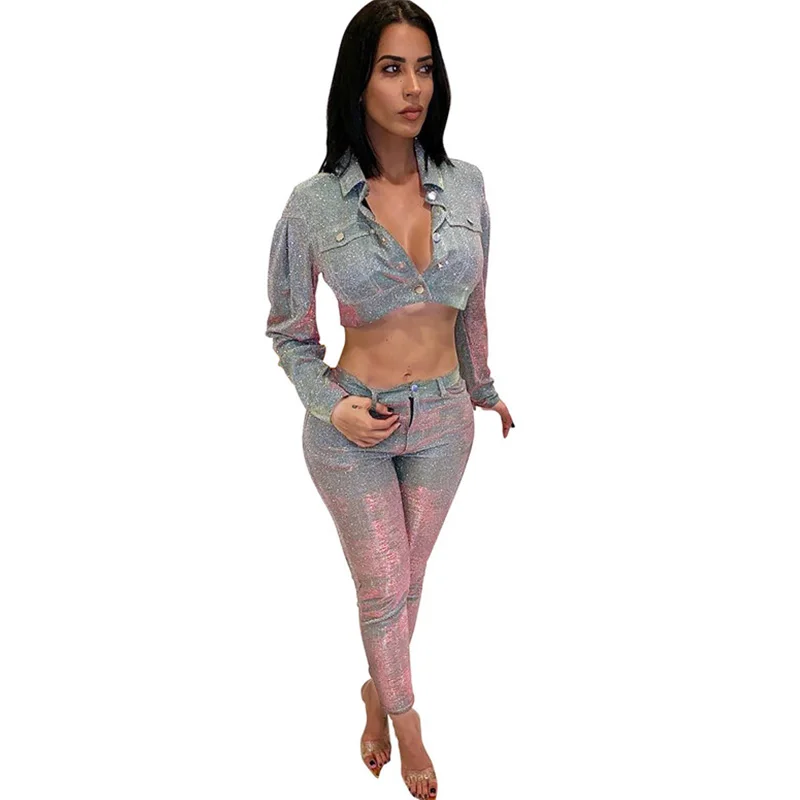 

Sexy Glitter Two Piece Sets Women Turn-down Collar Button Long Sleeve Bomber Jacket Top and Calf-Length Pants Matching Outfits