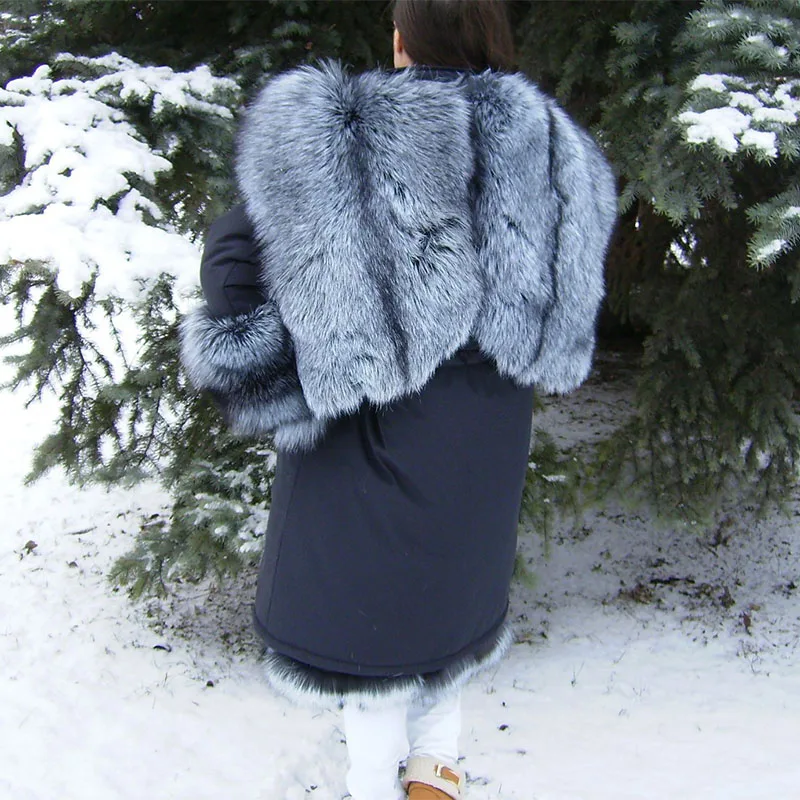 TOPFUR Luxury New Women Real Fur Parka Natural Silver Fox Fur With Fox Fur Liling Collar Winter Warm Fur Jacket Parka