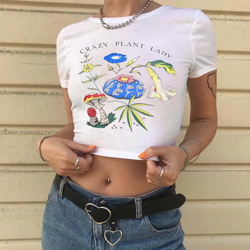 

Vintage print tops & tees Summer cool streetwear Elastic cotton crop tee t-shirt women top female Sexy t shirt for girl