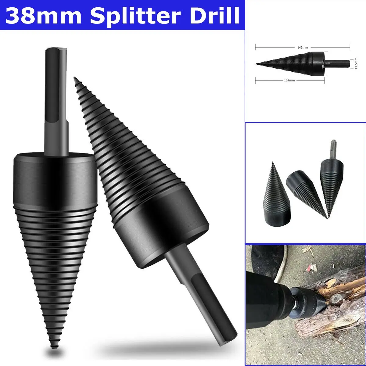 

38MM Stable wood Splitter Log Splitter Screw Cone Kindling Triangle Handle for Hand Drill New Stick Coppe