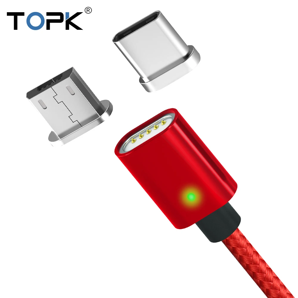 TOPK AM21 Магнитный кабель type-C кабель и Micro USB кабель в нейлоновой оплетке синхронизировать мобильный телефон зарядный кабель для samsung Xiaomi