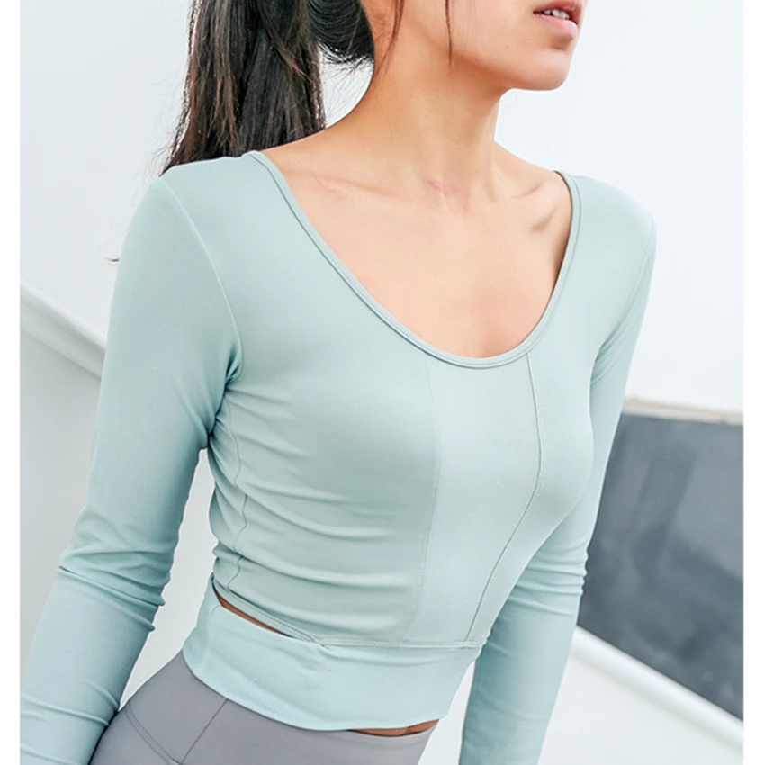Сексуальные женские рубашки для йоги с открытой спиной, короткий топ с длинным рукавом и отверстием для большого пальца, быстросохнущая одежда для фитнеса, ультра удобная спортивная футболка