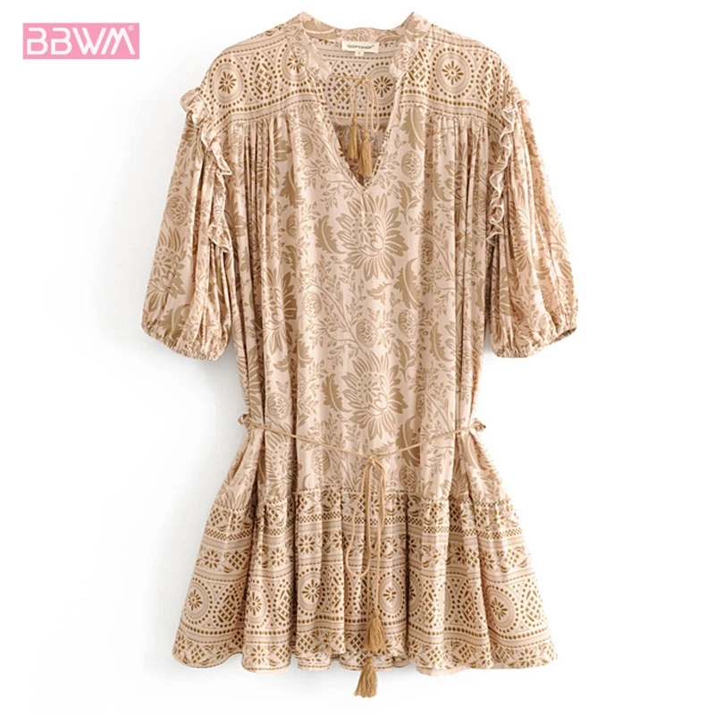 Korean version of the summer loose thin wild women's dress short-sleeved floral waist Ethnic style tassel seaside holiday