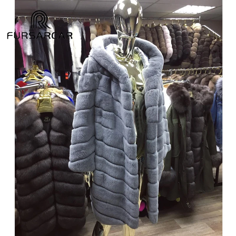 FURSARCAR Women Real Fur Coat 100 CM Long Winter Fashion New Rex Rabbit Fur Jacket With Fur Hood Thick Warm Rex Rabbit Fur Coat