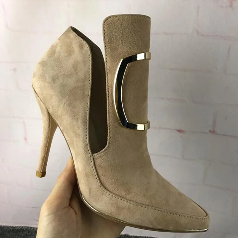 

Fashion Trend Spring Autumn Party Dress Shoes Women Pointed Toe High Heel Booties Metal Decoration Slip On Ankle Boots