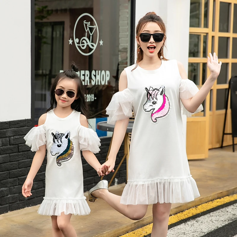 

sequin horse mother daughter dresses off shoulder mommy and me outfits family look mom mum mama and girls matching dress clothes