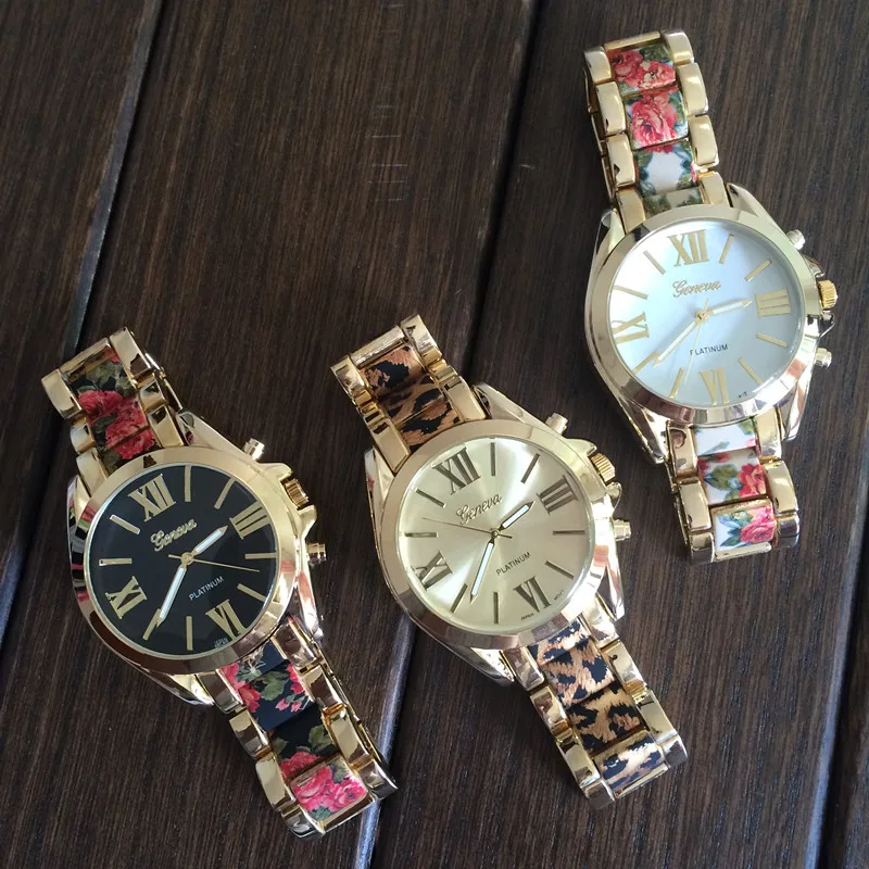 Лучшее качество Новые леопардовые двухцветные часы-браслет, излучающие римские цифры Циферблат винтажные черные и белые цветочные часы-браслет