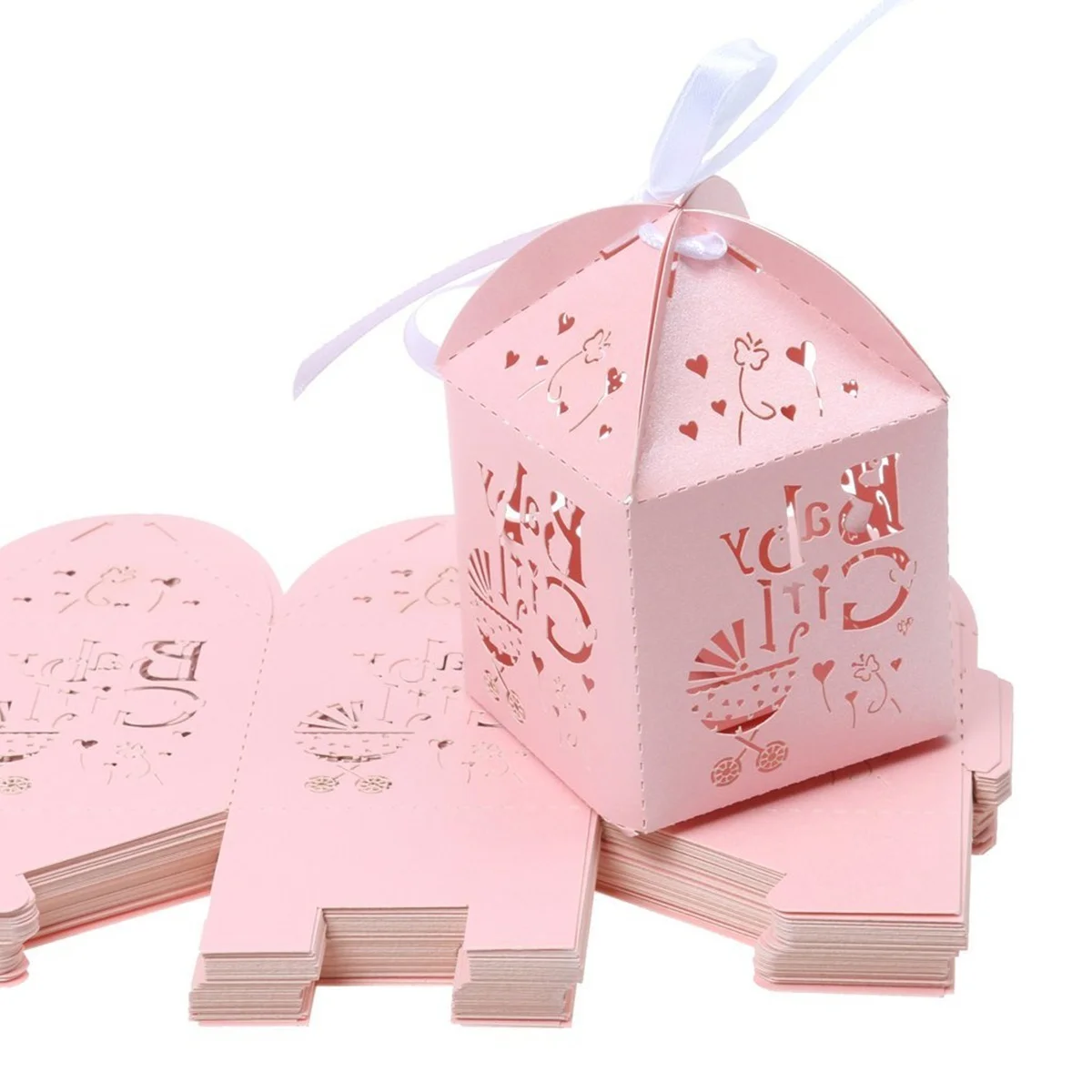 

50Pcs Lovely Pink And White Baby Girl Laser Cut Gift Box Baby Shower Birthday Party Decorations Kids Party Supplies Baby Shower