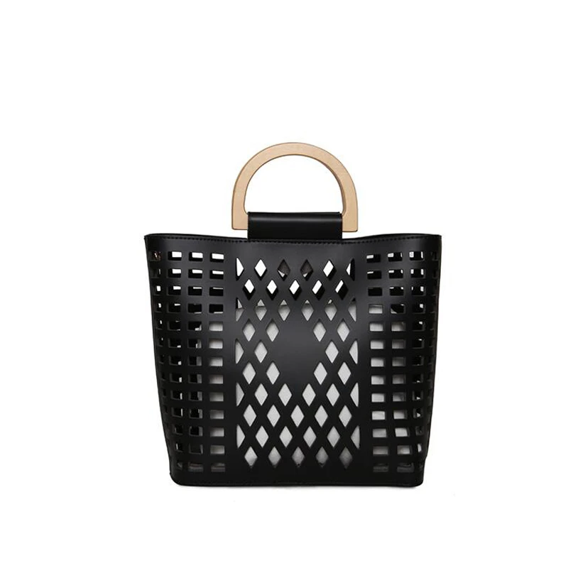 

2019 bag women Hollow Out Handbags brand design Beach bag Ladies totes with Wooden handle high quality PU leather shoulder bag