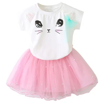 

Kids Girls Clothing Sets Summer Girls Clothes Cartoon Kitten Printed Short Sleeve T-Shirt+Dress 2Pcs for Girls tutu Dress