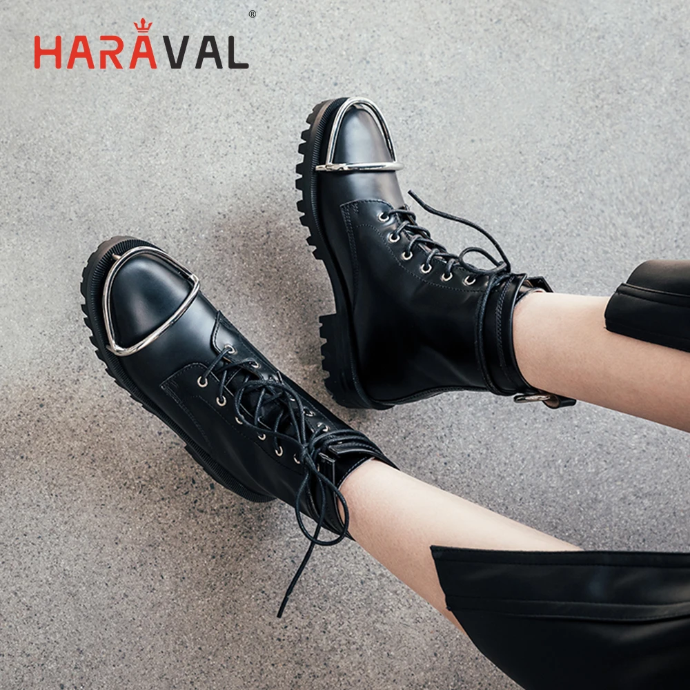 HARAVAL/Зимние Модные женские ботильоны; Качественная обувь из натуральной кожи с круглым носком на толстом каблуке; однотонные Ботинки martin на шнуровке в стиле ретро; B182