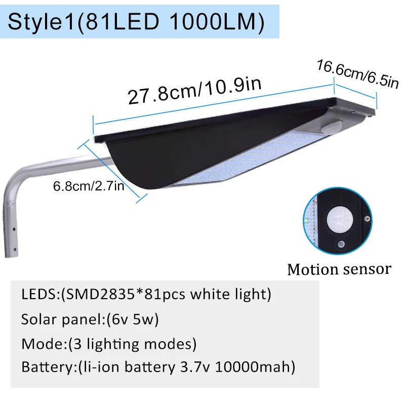 Высокое качество мощность открытый IP65 1000 люмен 81 светодиодов Интегрированный Солнечный уличный светильник датчик движения солнечные лампы