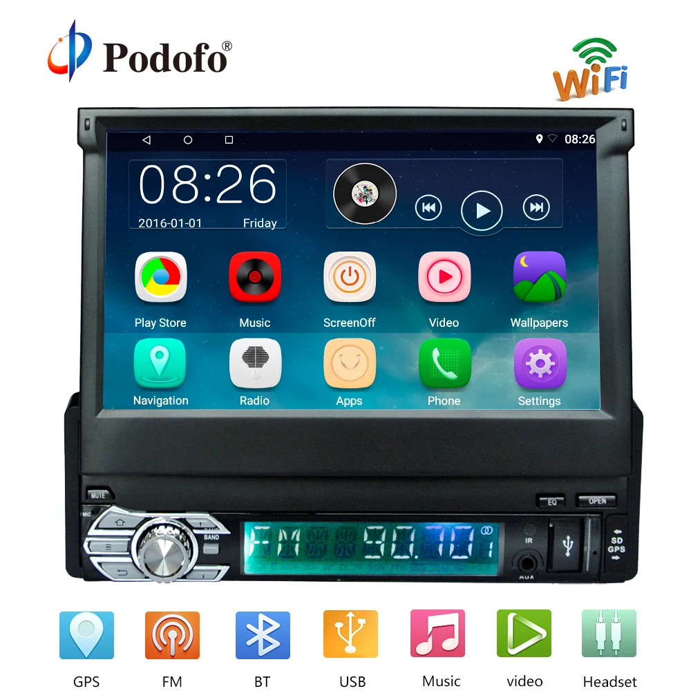 Podofo1 Din Android Car Radio Wifi Bluetooth Multimedia Players GPS Navigation 7 inch Retractable Touch Screen