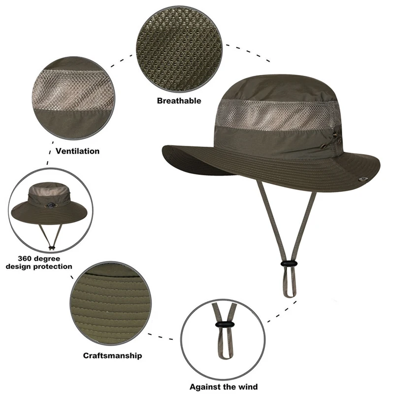 

Outdoor Fishing Hat Breathable Packable Foldable Sunshade Nylon Mesh Fisherman Sun Cap With Chin Strap For Women Men