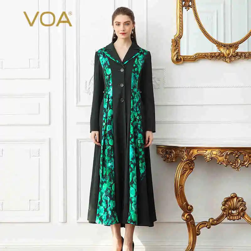 

VOA Long Trench Coat Dark Green Printed Silk Tunic Overcoat Women Notched Collar Pearl Clasp Boho Casual Fall F101