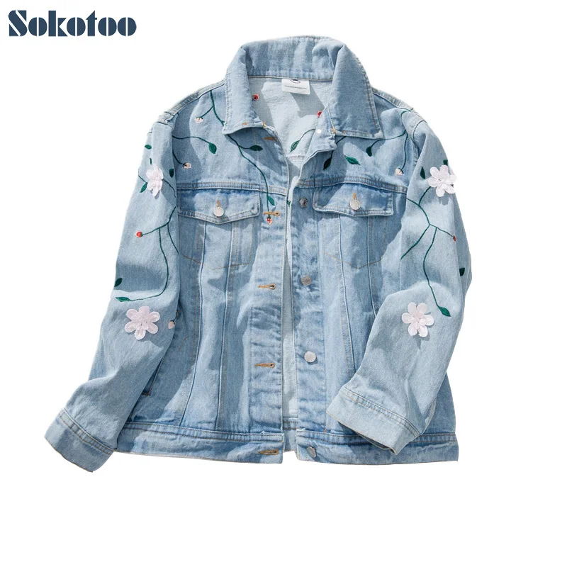 Sokotoo женские 3D цветочные джинсы с вышивкой куртка плюс большой размер Синее