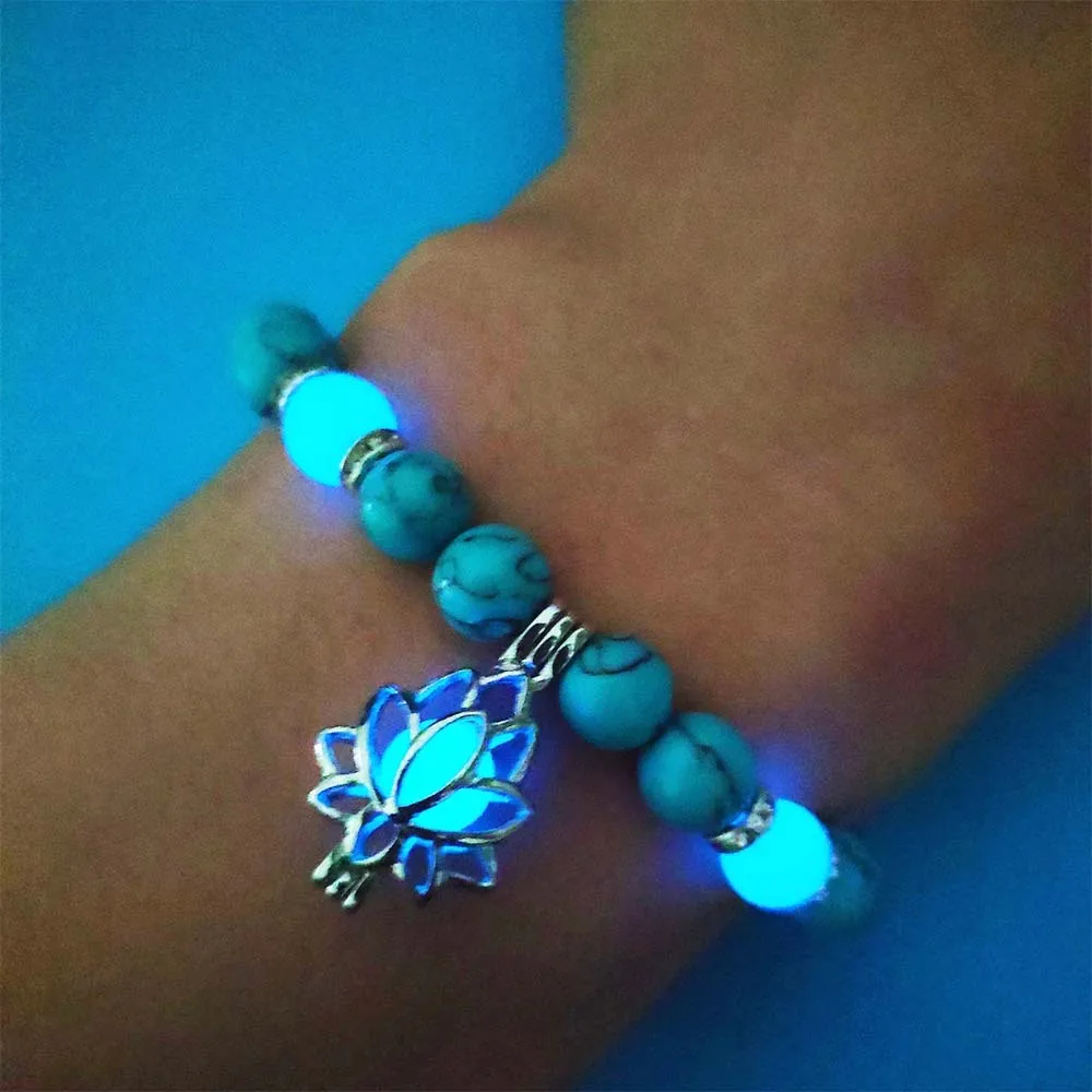 Натуральные камни светящиеся в темноте цветок лотоса в форме шарма браслет для женщин молитва йоги ювелирные изделия в стиле буддизма