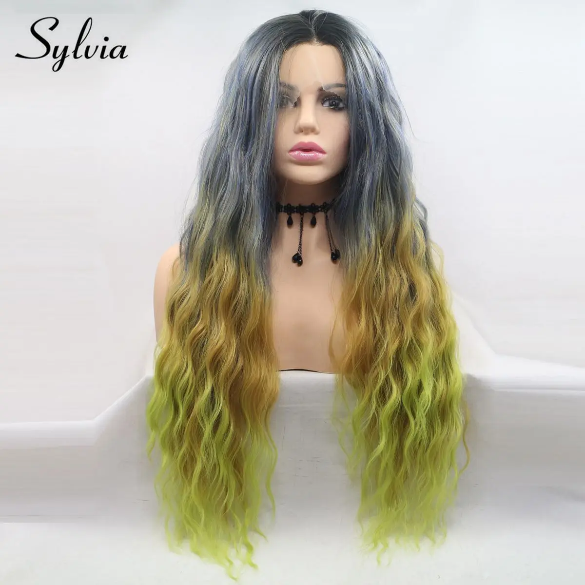 Sylvia длинные вьющиеся волосы синтетические волосы на кружеве парик Омбре серый до зеленый термостойкие волокна косплей парик средний часть