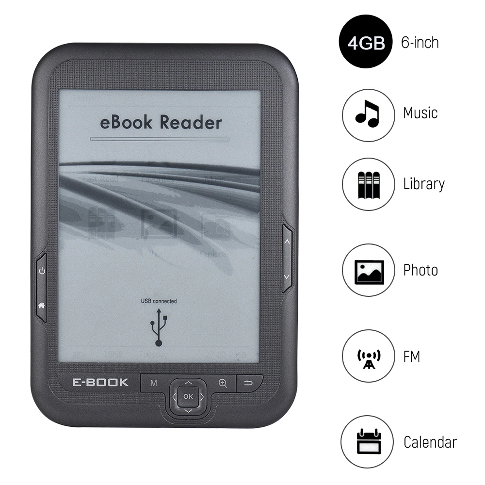 

4GB 6'' E-book Reader Non-Touch Screen E-reader E-ink Screen MP3 Player with Turn Page Buttons Leather Case Earphone 800x600