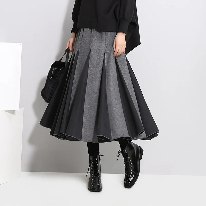 

Woolen Skirt Spring New Patchwork Women Skirts Wild High Waist Long Mid-Calf A-Line Casual Big Swing Femme Winter Jupe MZ3332