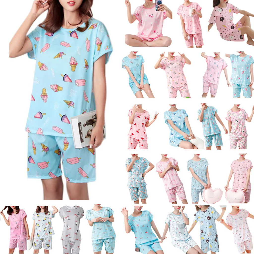 

24 Styles Pijama Women Cute Sweet Girls Summer Short Sleeve Sleepwear Cartoon Plus Size Pajamas Milk Fiber Loose Round Neck