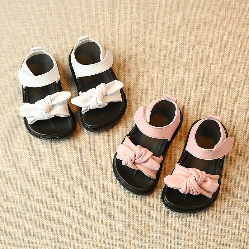 

0-6Y baby sandals children girl white knot rubber flat sandals pink princess casual PU leather fashion beach slippers